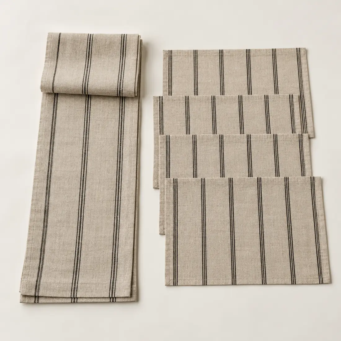 Ridge Table Runner Set in Natural linen / black stripe